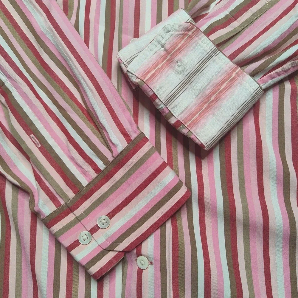 VTG Banana Republic Men Large Pink Striped Flip Cuff Cotton Button‎ Shirt